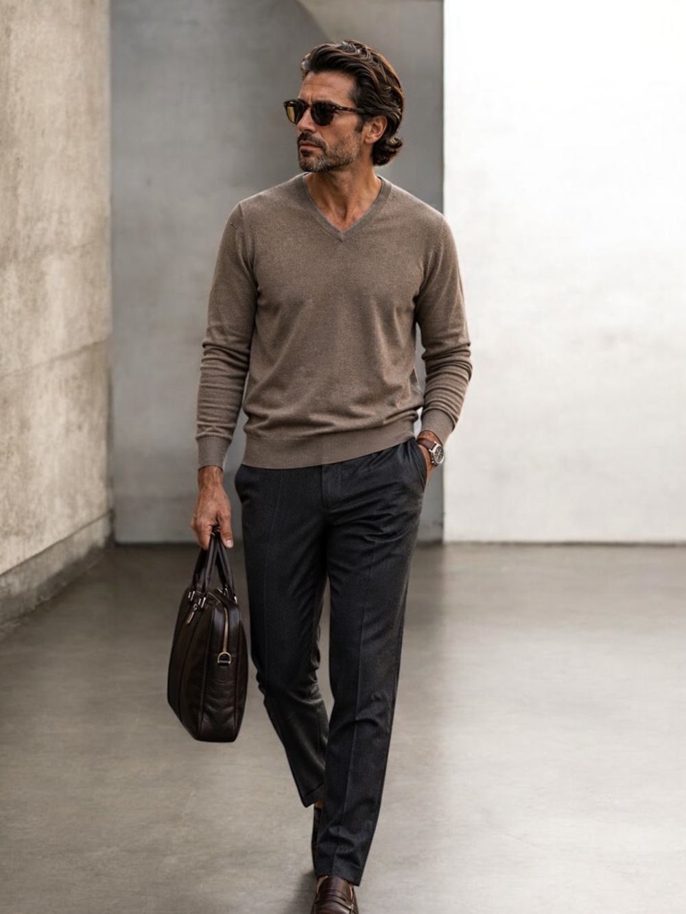 Maker & Company Silk Cotton Blend Tan Taupe V-Neck Sweater Mens‎ XL retail $325